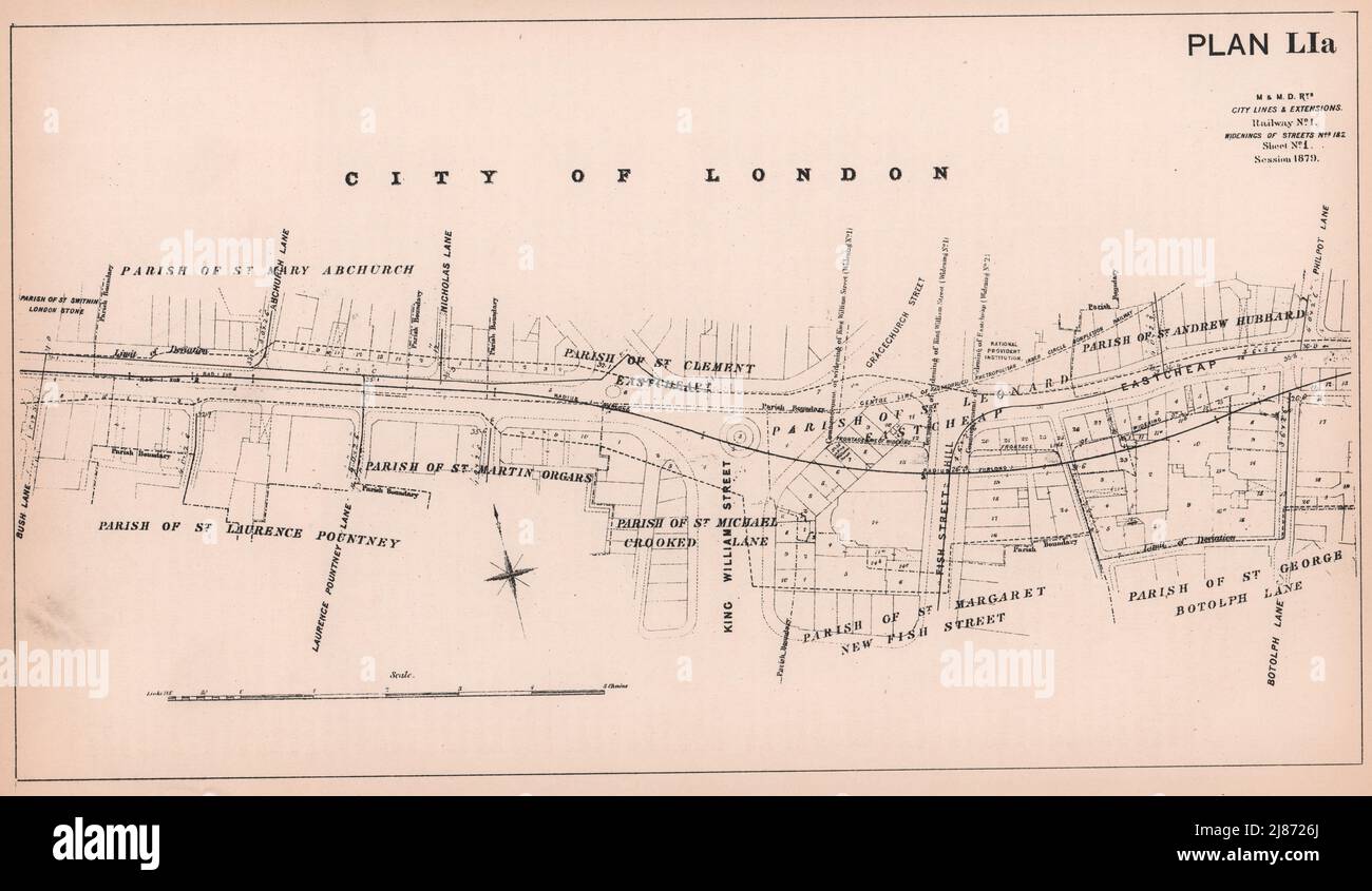 1879 Circle Line. City of London. Cannon Street & Eastcheap widening 1898 map Stock Photo