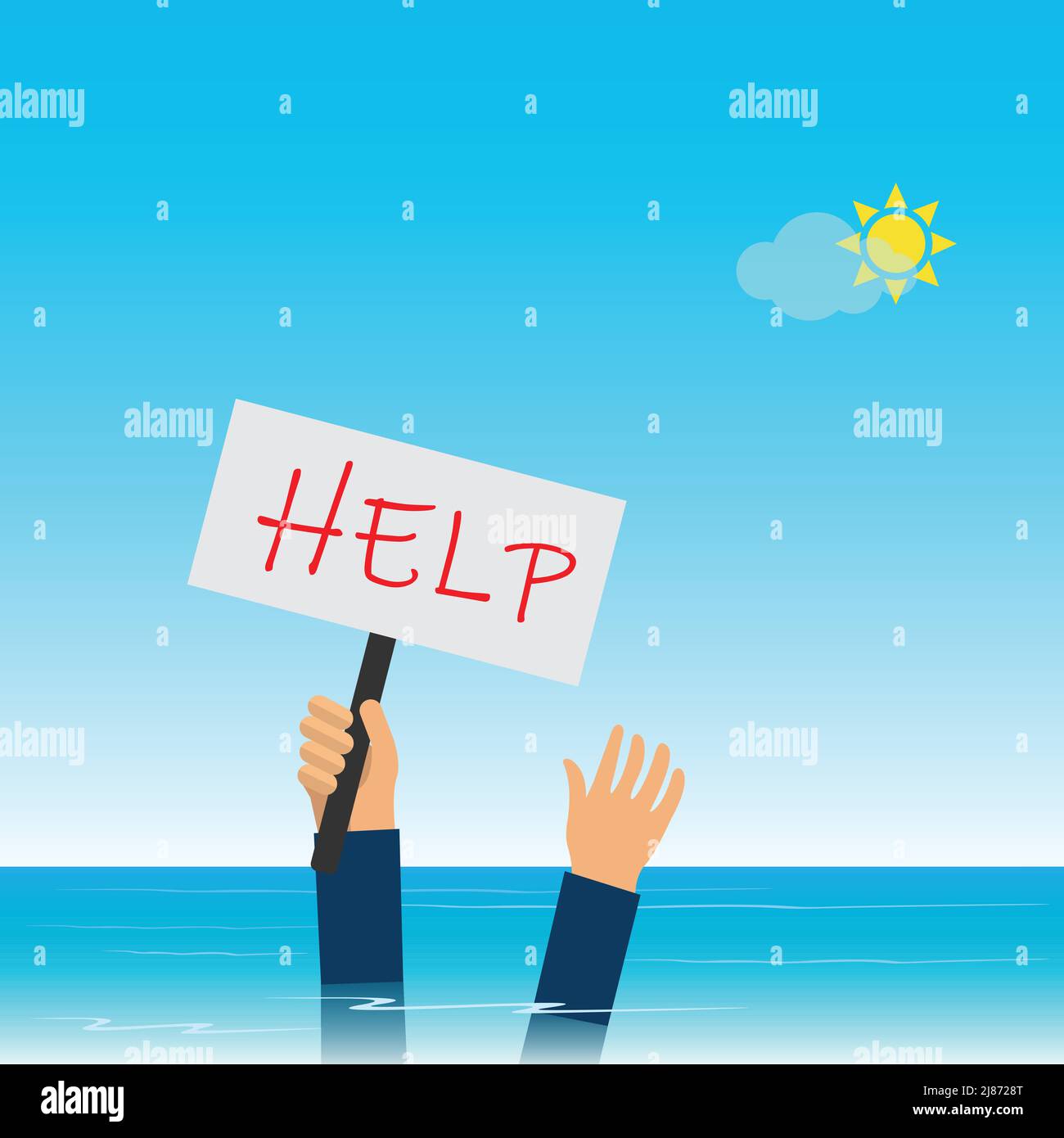 Drowning hands sticking out of water with help placard Stock Vector