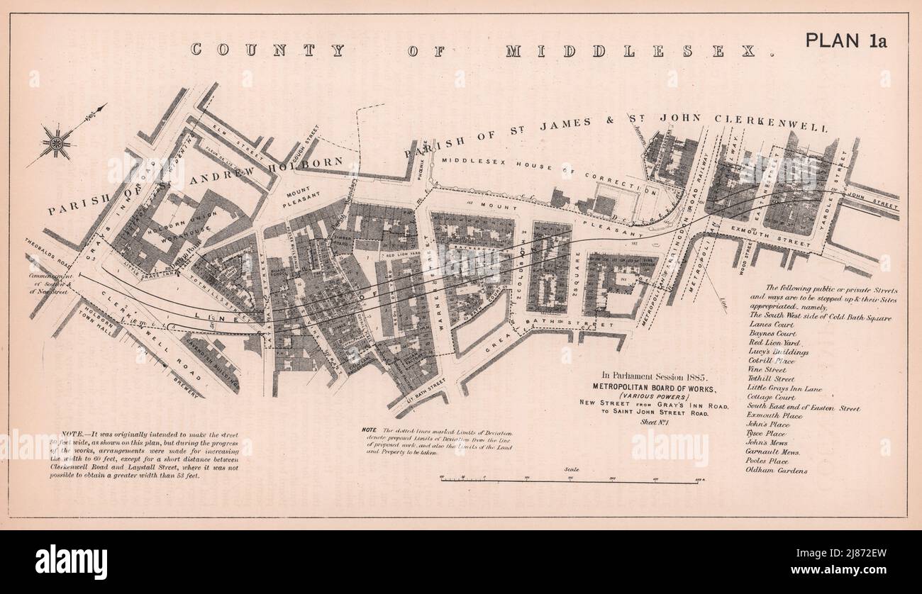1885 Rosebery Avenue development. Grays Inn Road to Yardley Street 1898 map Stock Photo