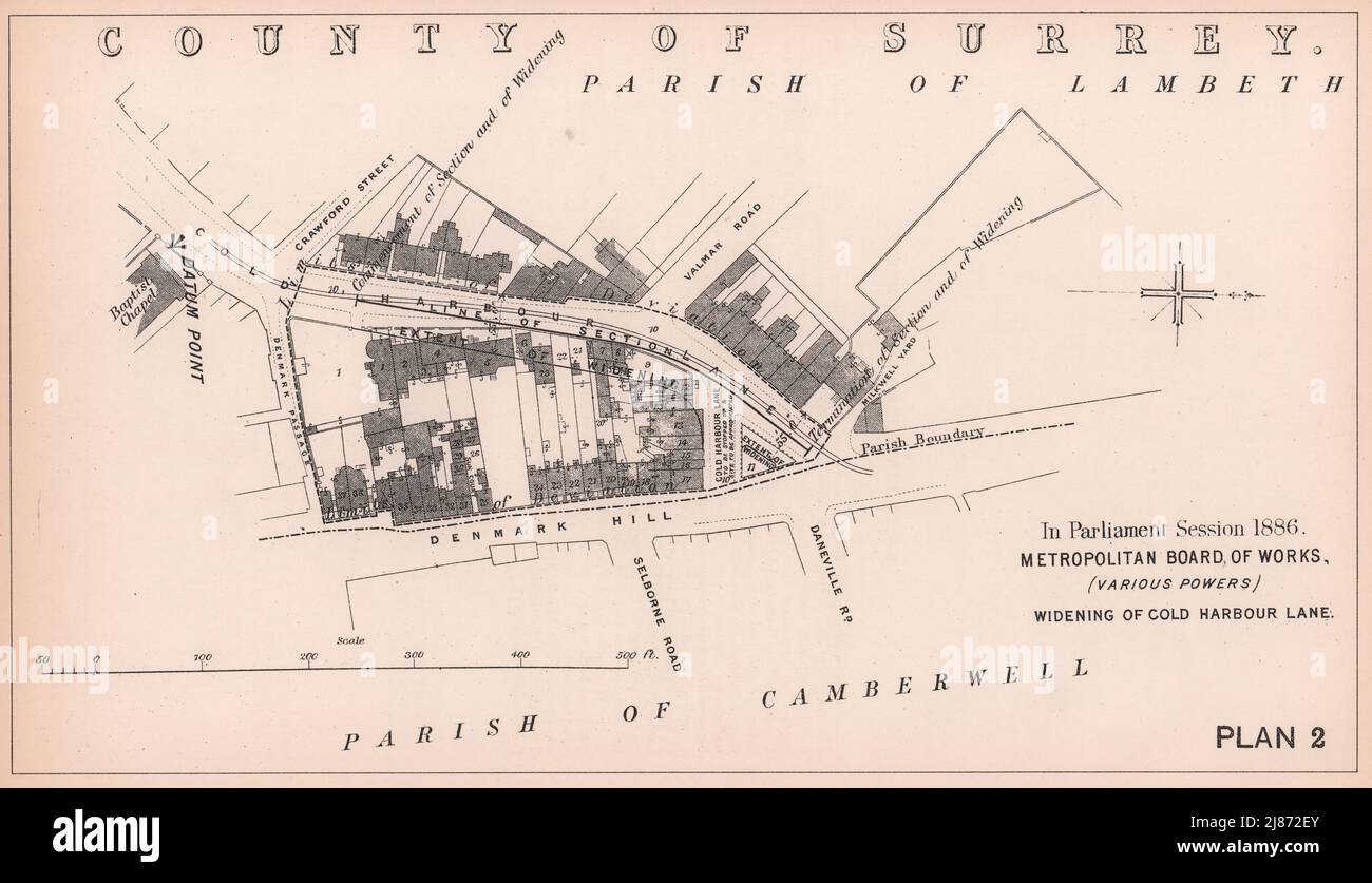 1886 Widening of Cold Harbour Lane junction at Denmark Hill. London 1898 map Stock Photo