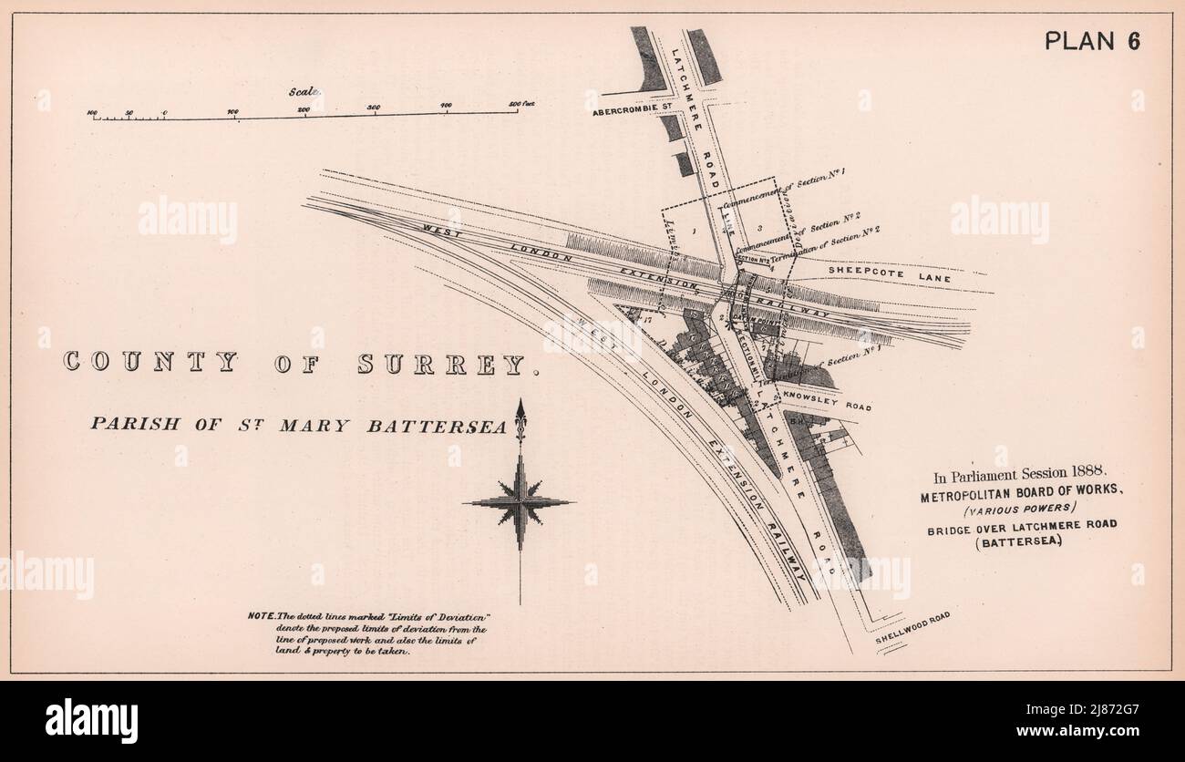 1888 Latchmere Road (Battersea) railway bridge plan. Abercrombie St. 1898 map Stock Photo
