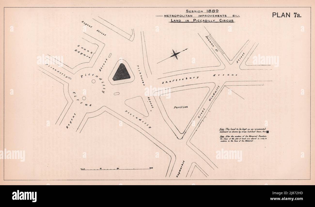 1889 Piccadilly Circus. Shaftesbury Memorial fountain site plan. Eros 1898 map Stock Photo