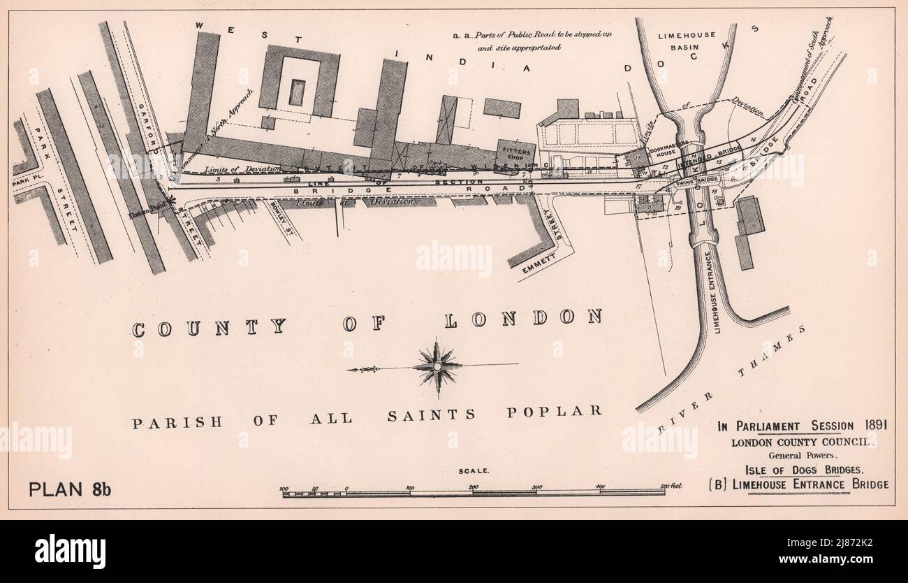 1891 Isle of Dogs bridge. Now Westferry Circus & Road. Canary Wharf 1898 map Stock Photo