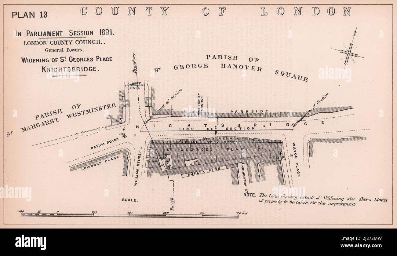 1891 Knightsbridge widening. Albert Gate. Wilton Place. French Embassy 1898 map Stock Photo