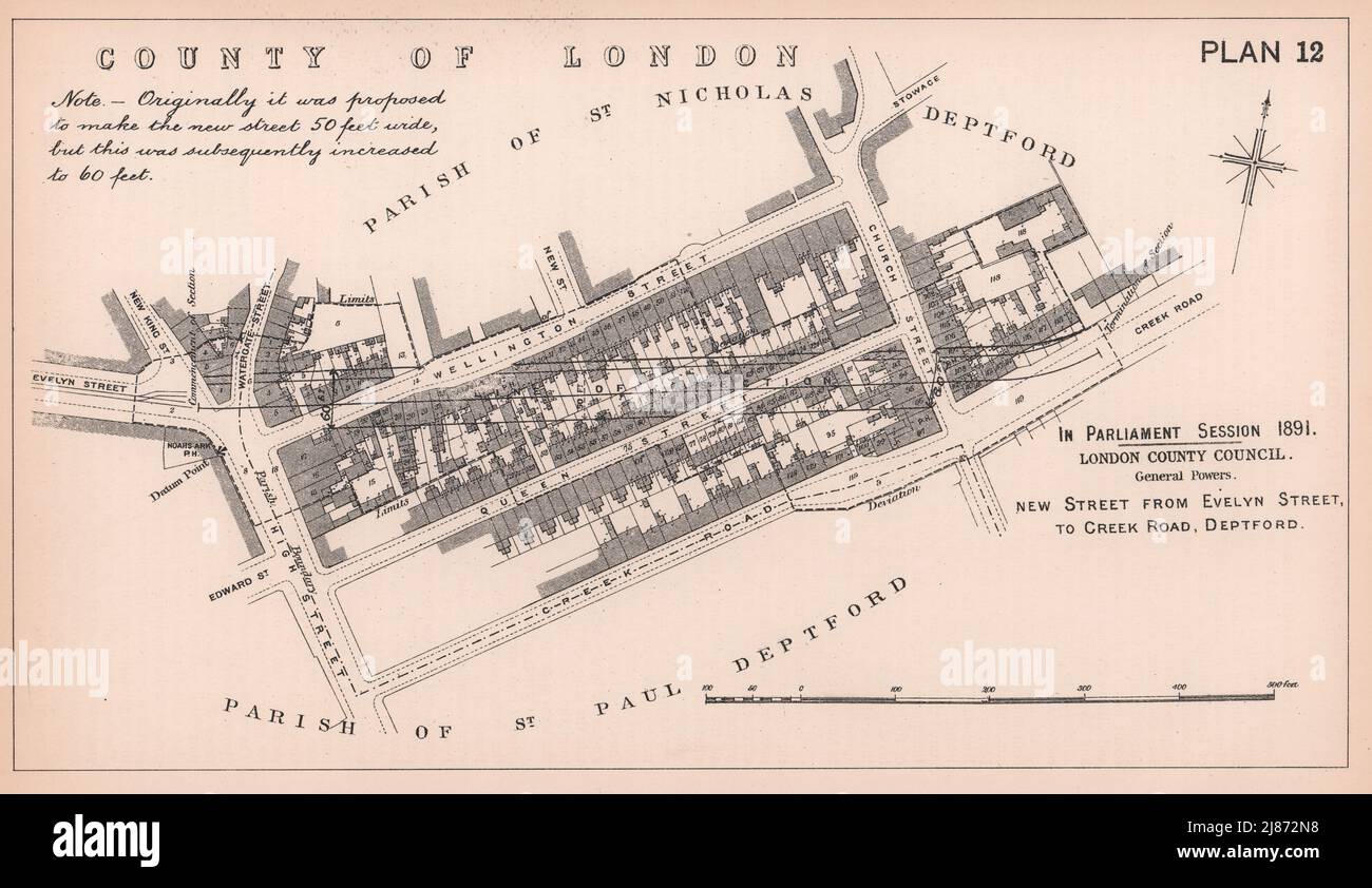 1891 New street Evelyn Street to Creek Road, Deptford. High Street 1898 map Stock Photo
