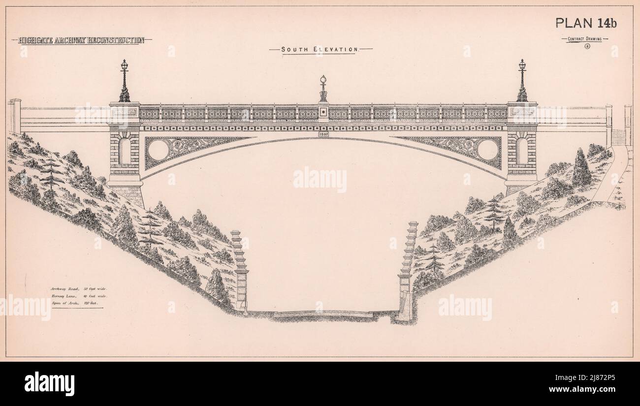1897 Highgate Archway reconstruction. South Elevation. London 1898 old map Stock Photo