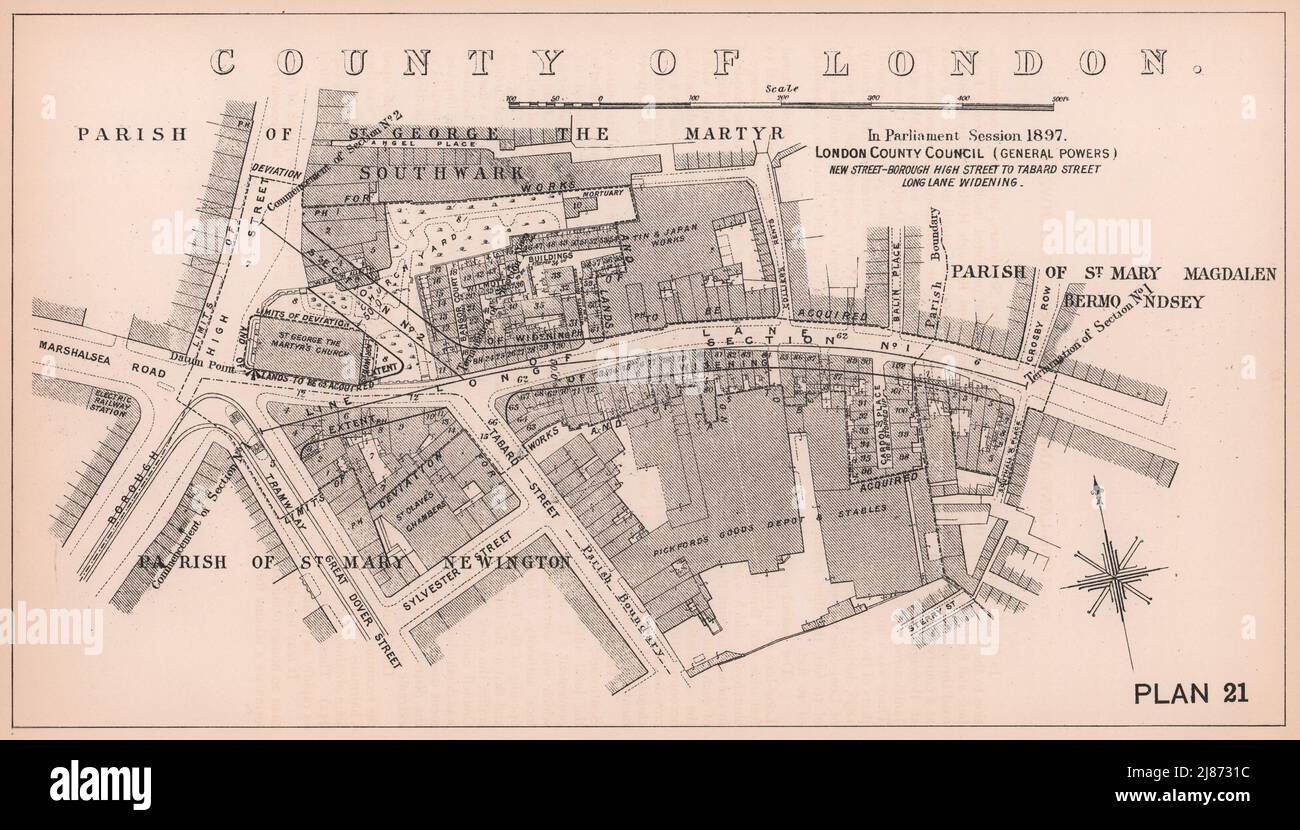 1897 Borough High Street. Long Lane widening. Tabard Street extension 1898 map Stock Photo