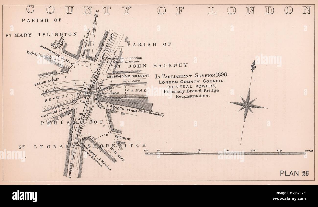 1898 Rosemary Branch Bridge reconstruction. Regents Canal. Haggerston 1898 map Stock Photo