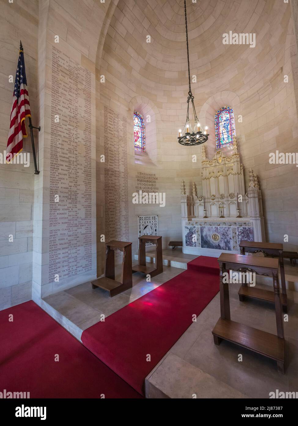 The image is of the WWI American Army Cemetery memorial chapel to those servicemen who remain MIA from battles of the Aisne-Marne Offensive of 1918 Stock Photo