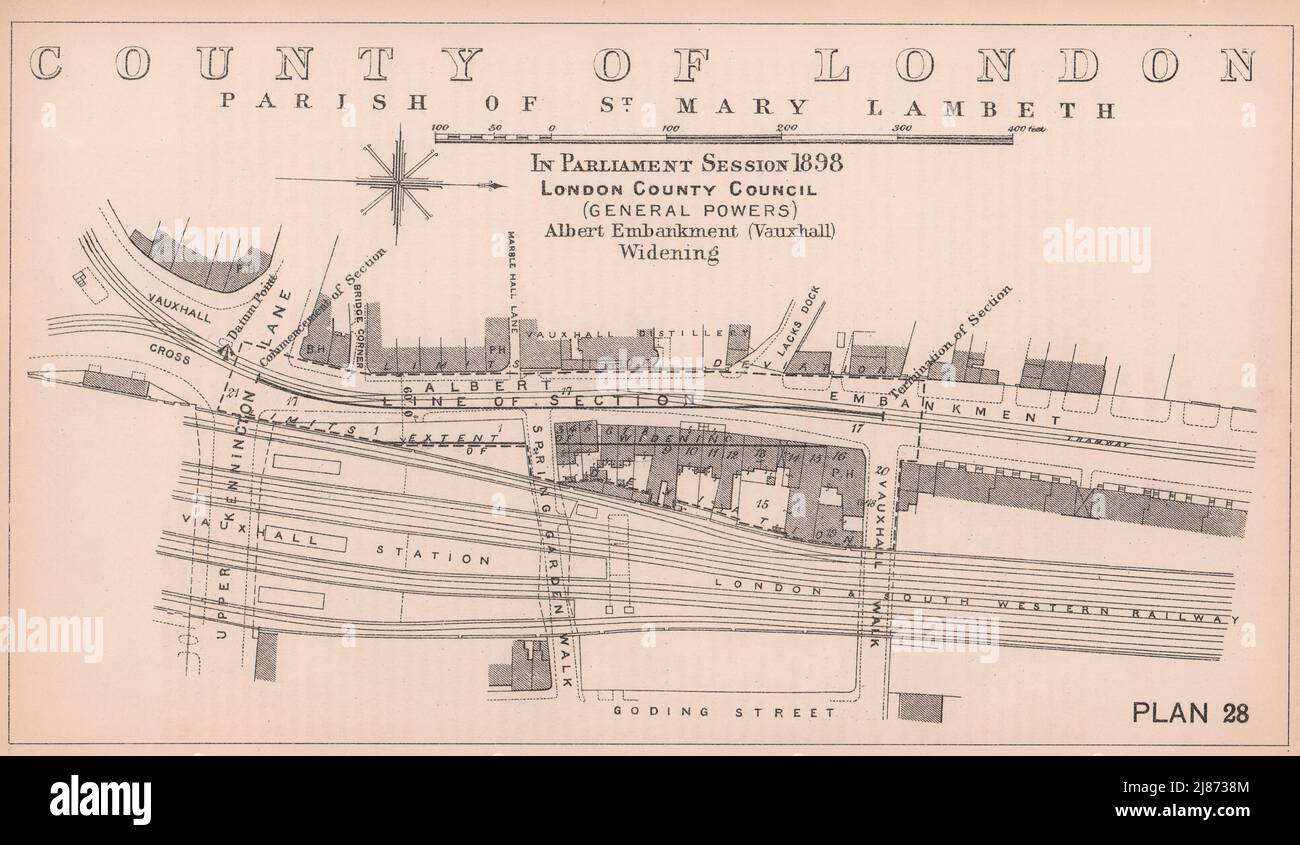 1898 Albert Embankment widening at Vauxhall Cross/Station/Bridge 1898 old map Stock Photo