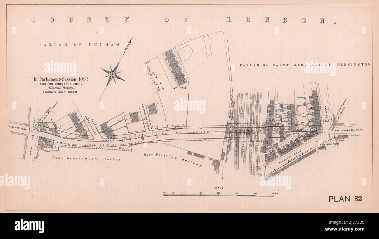 1892 West Cromwell Road Bridge development. West Kensington Talgarth Rd 1898 map Stock Photo