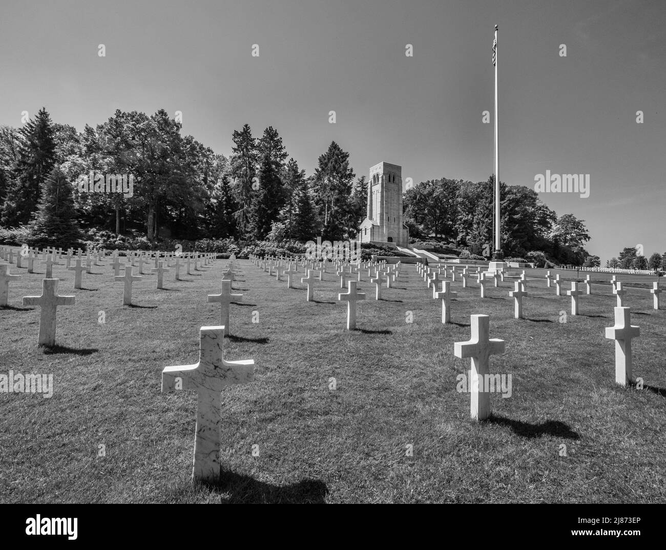 The image is of the WWI American Army Cemetery looking towards the memorial chapel to those servicemen who remain missing in action Stock Photo