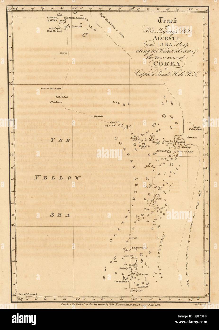 Western Coast of the peninsula of Corea by Captn. Basil Hall. Korea 1818 map Stock Photo