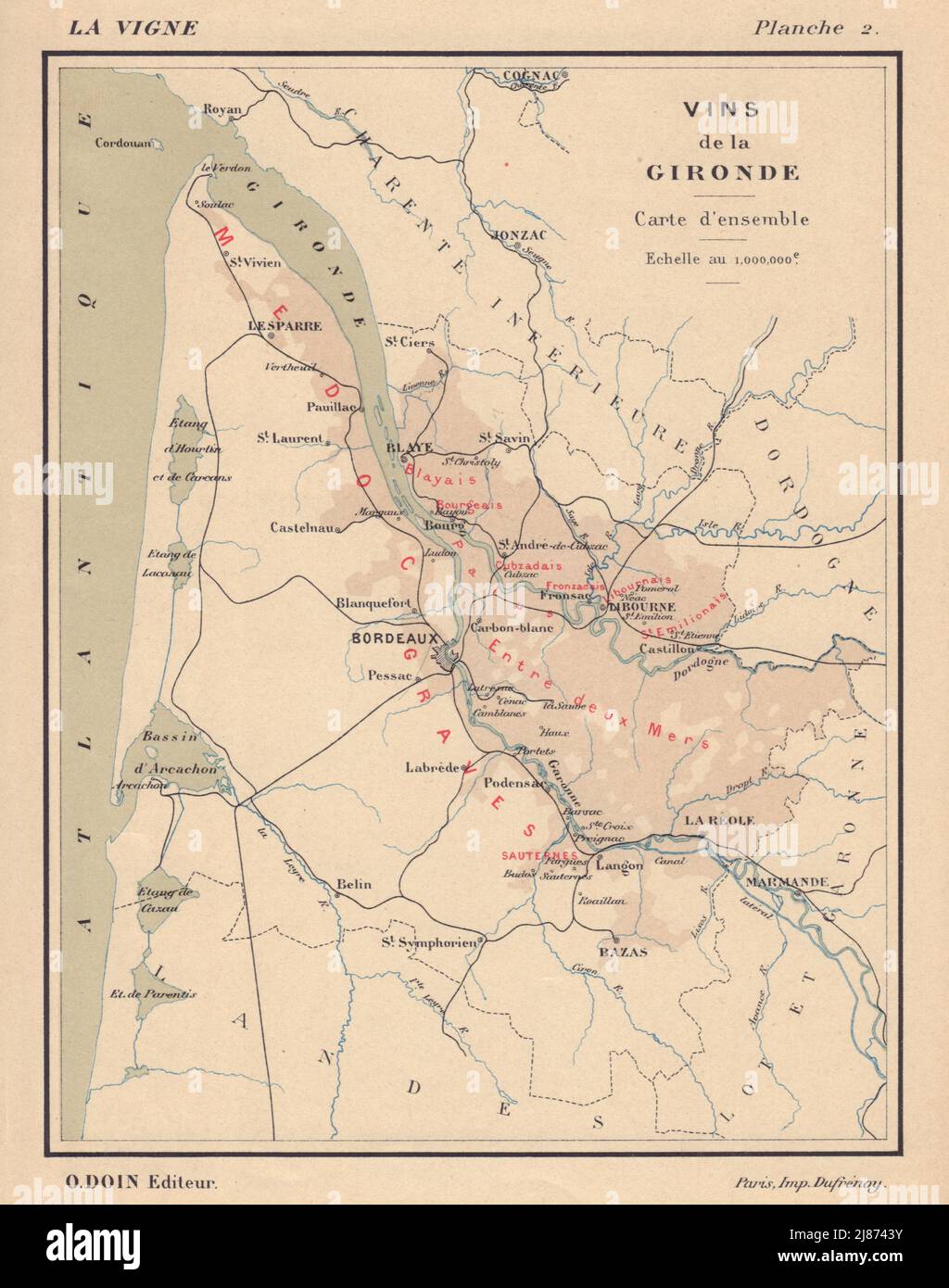 Vins de la Gironde - Carte d'ensemble. Bordeaux wine map. HAUSERMANN 1901 Stock Photo