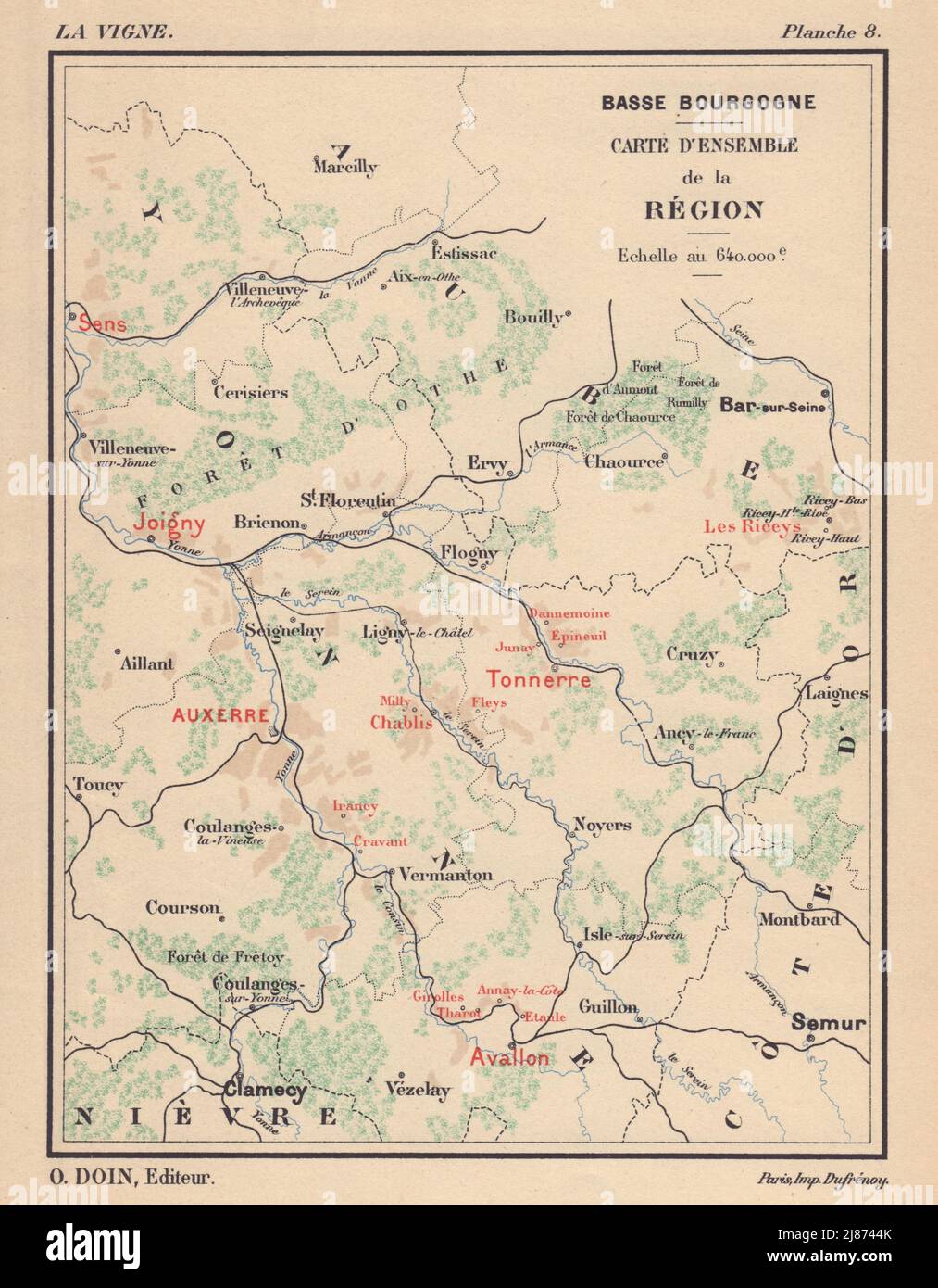 Bourgogne Burgundy wine map. Chablis Auxerrois Joigny Tonnerre. HAUSERMANN 1901 Stock Photo