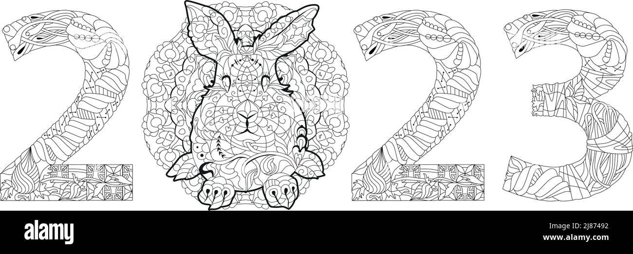 Hand drawn zentangle rabbir number 2023 for coloring pages, for t-shirt and other decorations Stock Vector