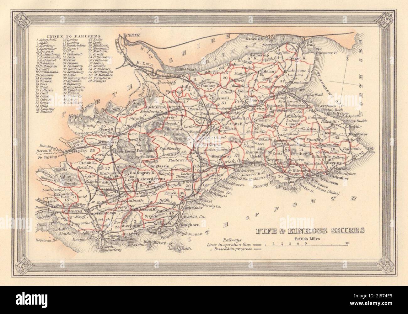 Decorative antique county map of Fifeshire & Kinross-shire. FULLARTON 1866 Stock Photo