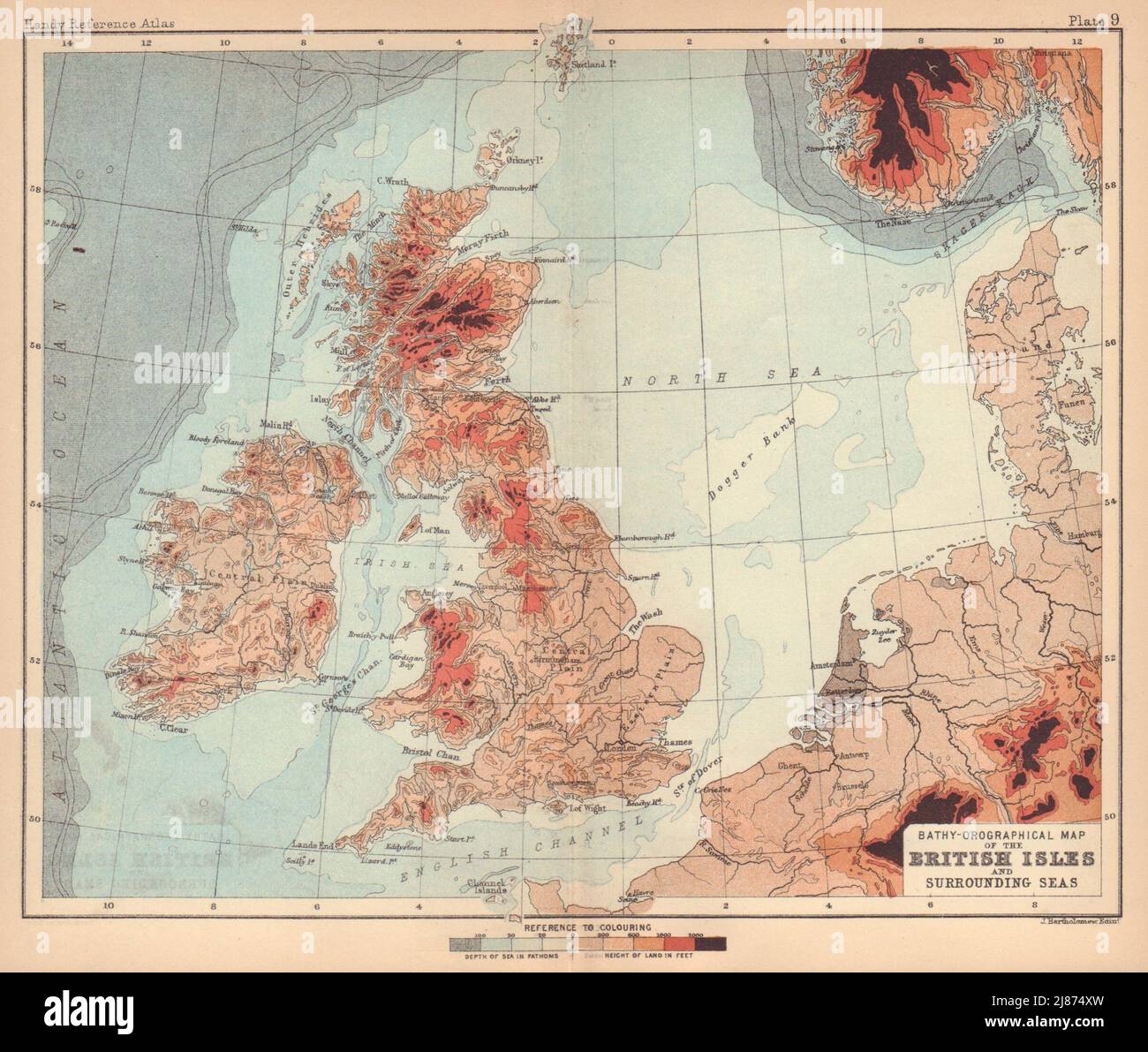British Isles & Surrounding sea. Orographical. BARTHOLOMEW 1888 old map Stock Photo