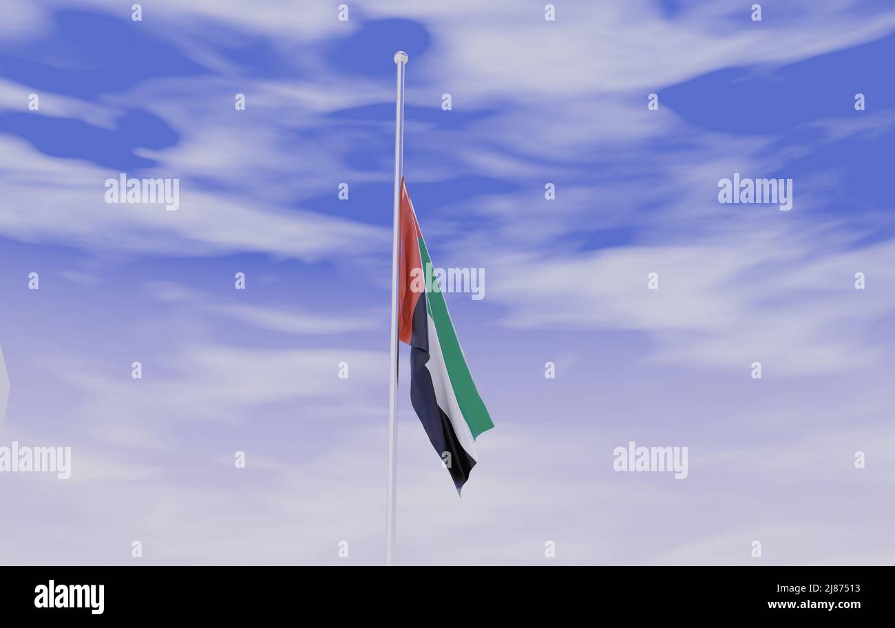UAE United Arab Emirates Flag Half Mast Sign of Mourning 3D
