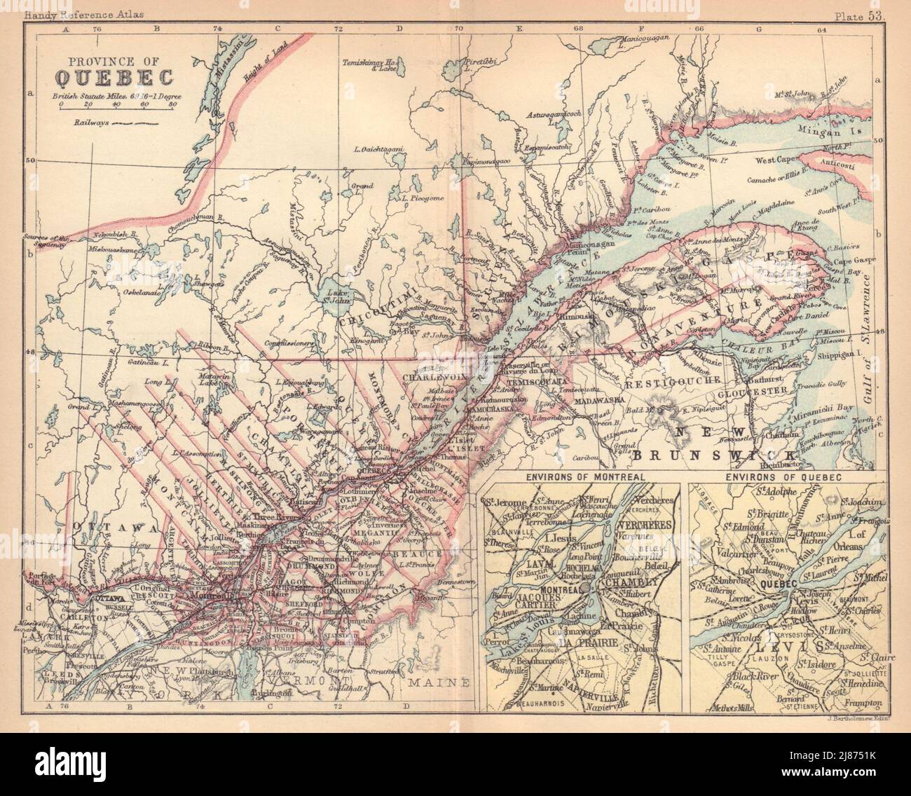 Quebec Province. Montreal & Quebec City environs. Canada. BARTHOLOMEW 1888 map Stock Photo