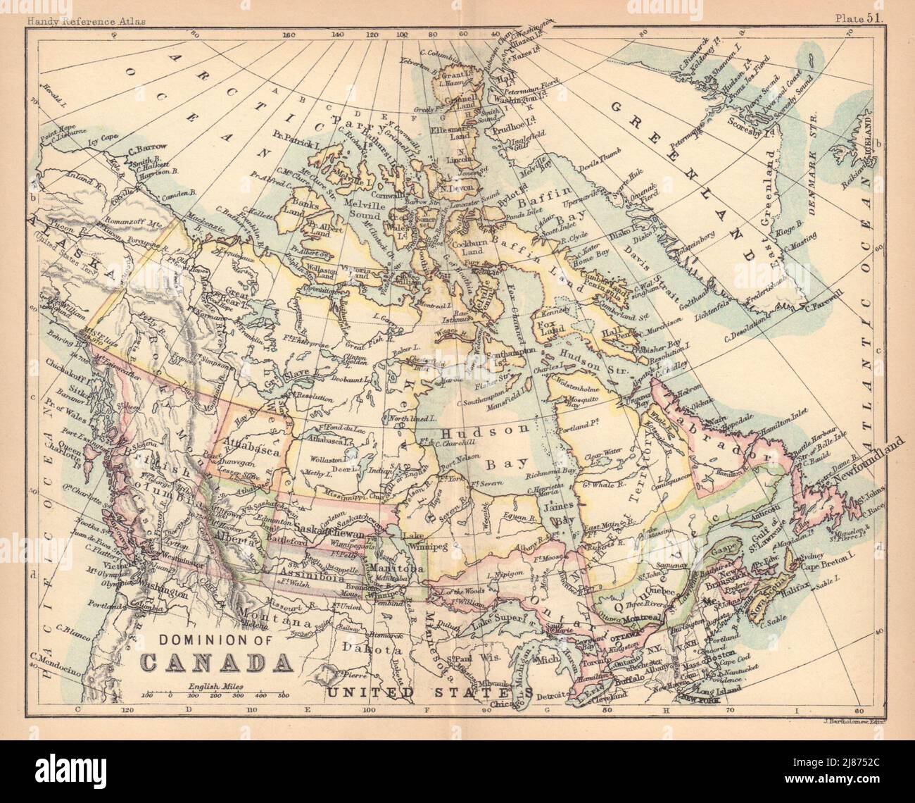 Dominion of Canada. Manitoba postage stamp. Athabasca. BARTHOLOMEW 1888 map Stock Photo