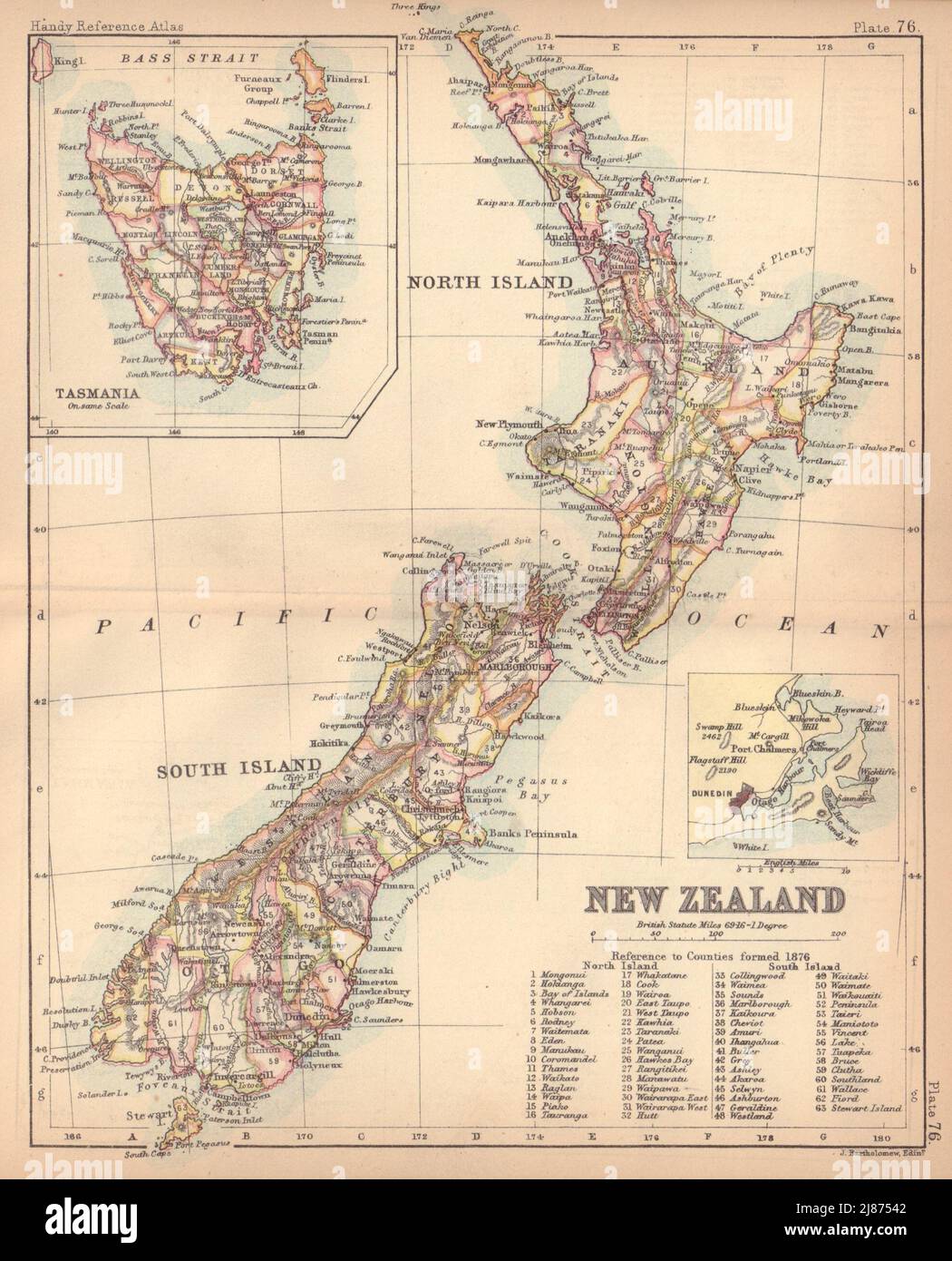 New Zealand & Tasmania. BARTHOLOMEW 1888 old antique vintage map plan chart Stock Photo
