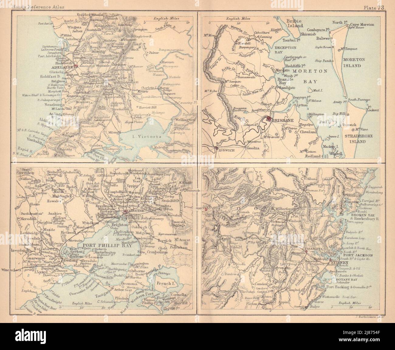 Adelaide, Brisbane, Melbourne & Sydney. Australian cities. BARTHOLOMEW 1888 map Stock Photo