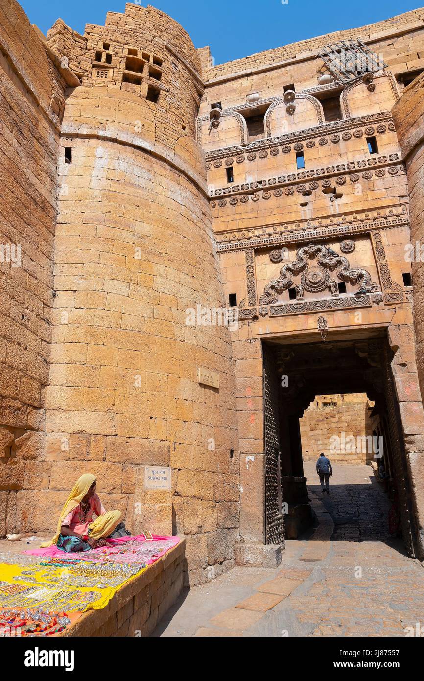 Jaisalmer, Rajasthan, India - October 13, 2019 : Rajasthani woman selling jewelleries in gate and market place Inside Jaisalmer Fort . Popular tourist Stock Photo