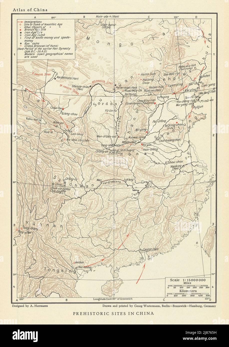 Prehistoric sites in China. Neolithic, Bronze & Iron Age. Migrations 1935 map Stock Photo