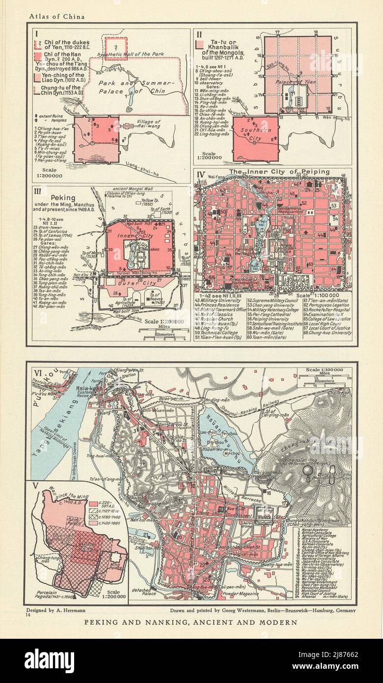 Peking / Beijing & Nanking / Nanjing city plans, Ancient and Modern 1935 map Stock Photo