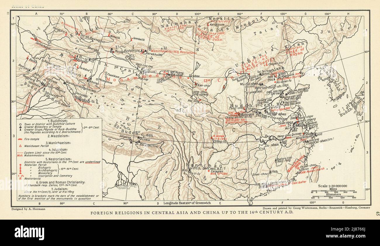 Central Asia & China religions <14C Buddhism Islam Mazdeism Manichaeism 1935 map Stock Photo