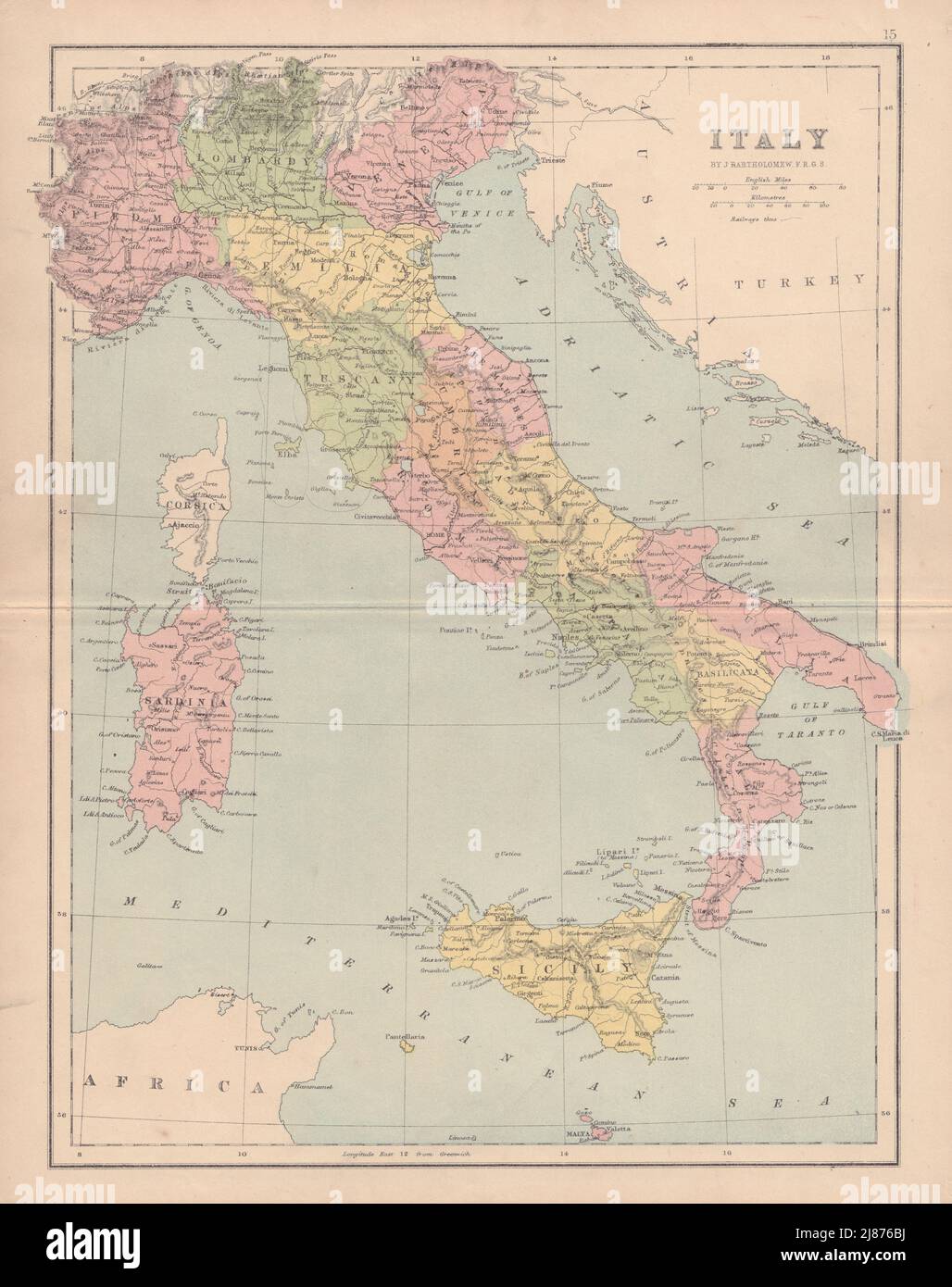 ITALY showing regions. Excludes Trieste/Istria & South Tyrol. COLLINS 1873 map Stock Photo