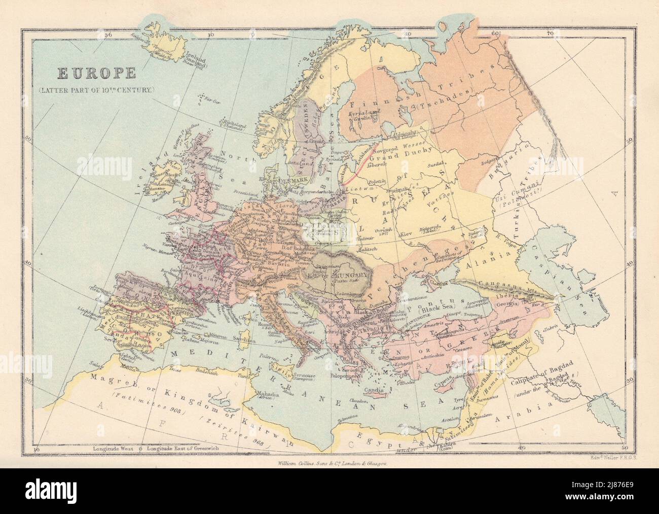 10TH CENTURY EUROPE. Holy Roman Empire Caliphate of Cordoba. COLLINS 1873 map Stock Photo
