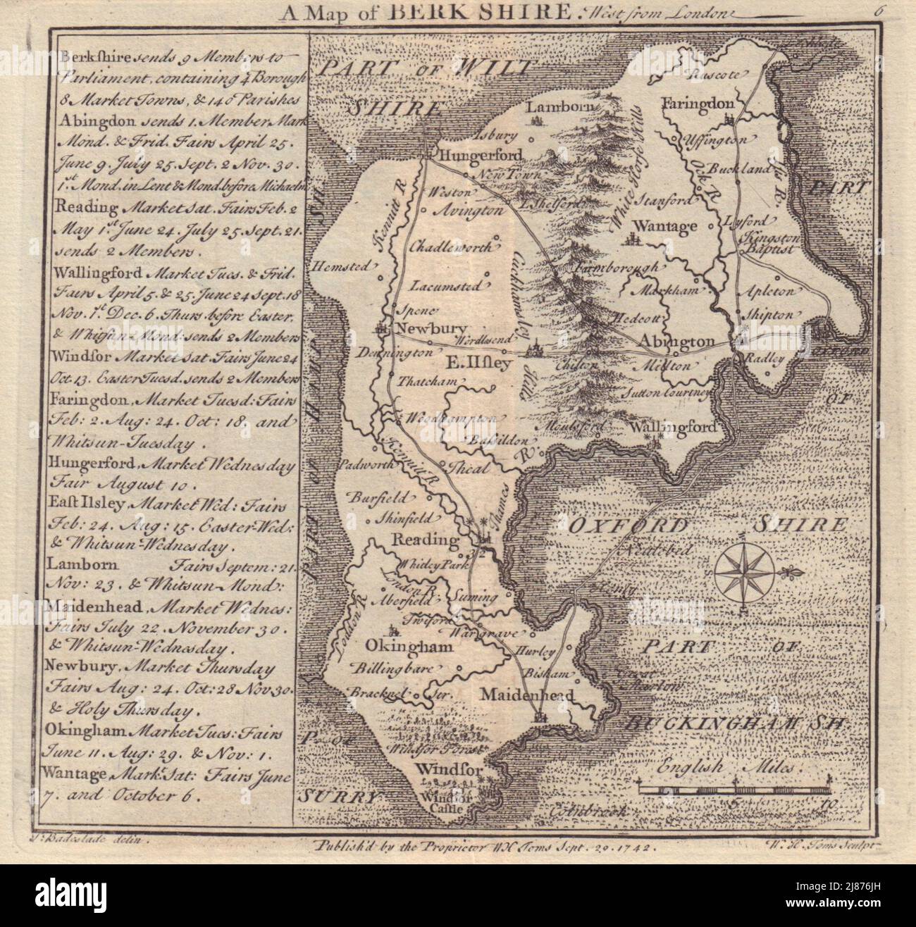 Antique county map of Berkshire by Badeslade & Toms. West orientation ...