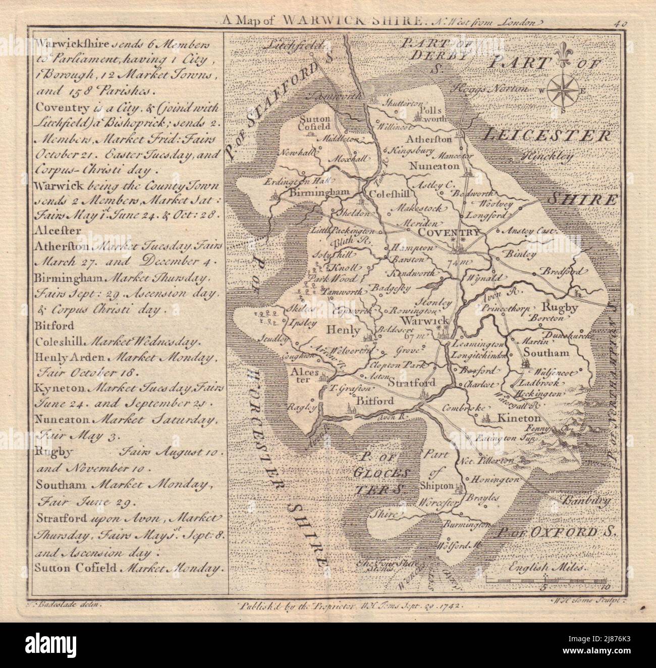 Antique county map of Warwickshire by Badeslade & Toms 1742 old Stock