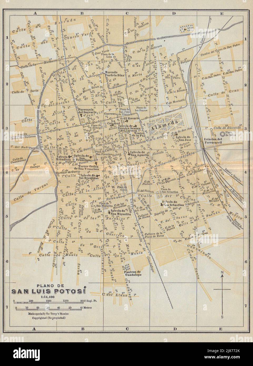 Plano de SAN LUIS POTOSI, Mexico. Mapa de la ciudad. City/town plan 1938 Stock Photo