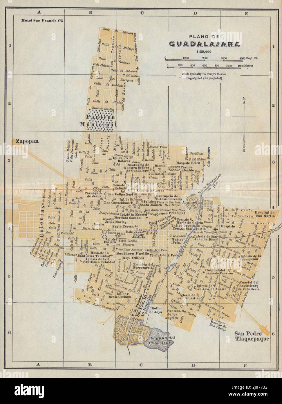 Plano de GUADALAJARA, Mexico. Mapa de la ciudad. City/town plan 1938 old Stock Photo