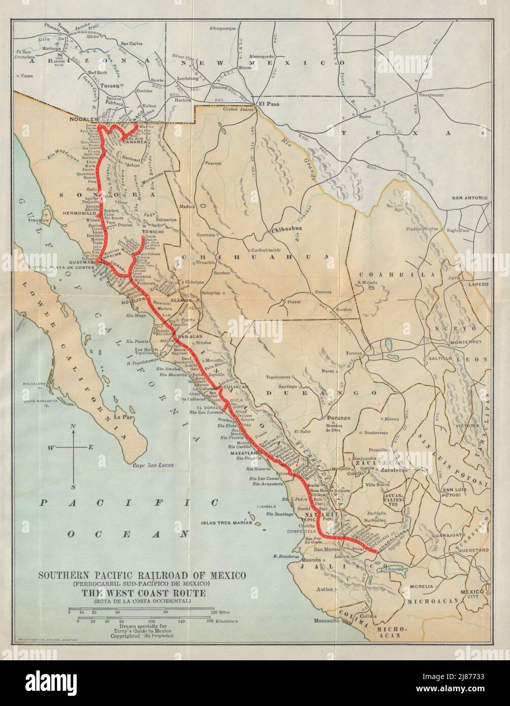 Southern Pacific Railroad / Ferrocarril Sud-Pacifico de Mexico 1938 old map Stock Photo