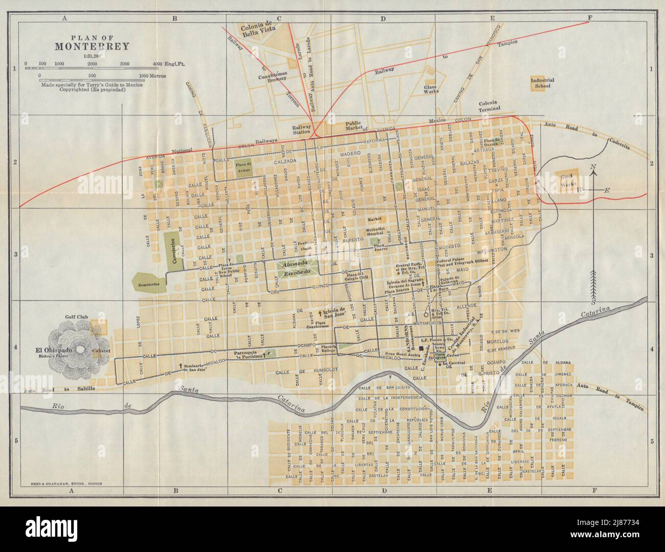 MONTERREY city/town plan. Mexico. Mapa de la ciudad. City/town plan 1938 Stock Photo