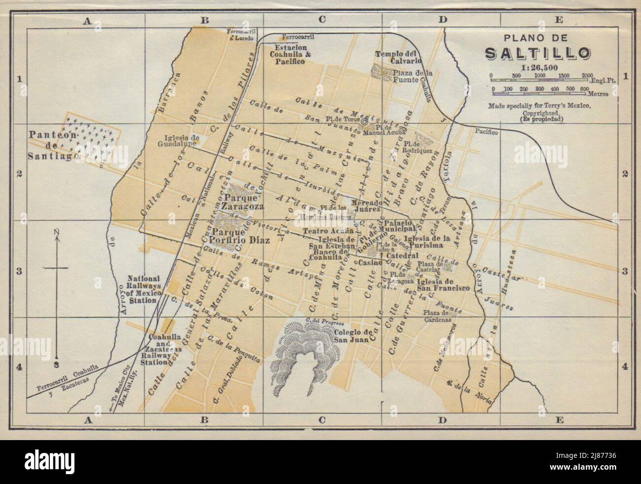 Plano de SALTILLO, Mexico. Mapa de la ciudad. City/town plan 1938 old Stock Photo