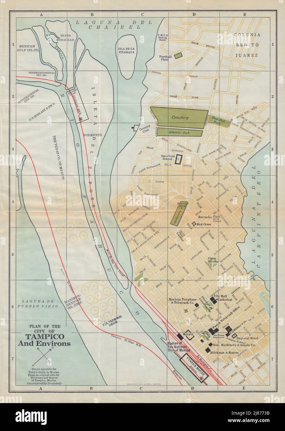 Plan of the city of TAMPICO, Mexico. Mapa de la ciudad. Town plan 1938 old Stock Photo