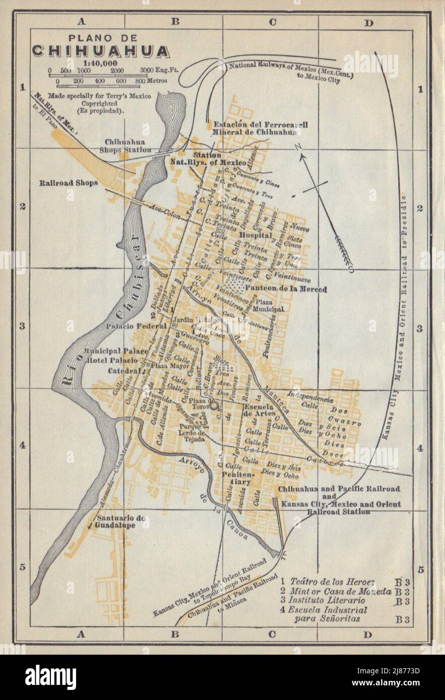 Plano de CHIHUAHUA, Mexico. Mapa de la ciudad. City/town plan 1938 old Stock Photo
