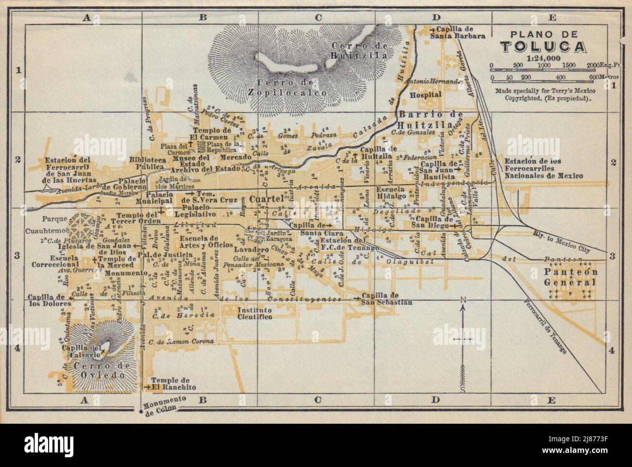 Plano de TOLUCA, Mexico. Mapa de la ciudad. City/town plan 1938 old Stock Photo