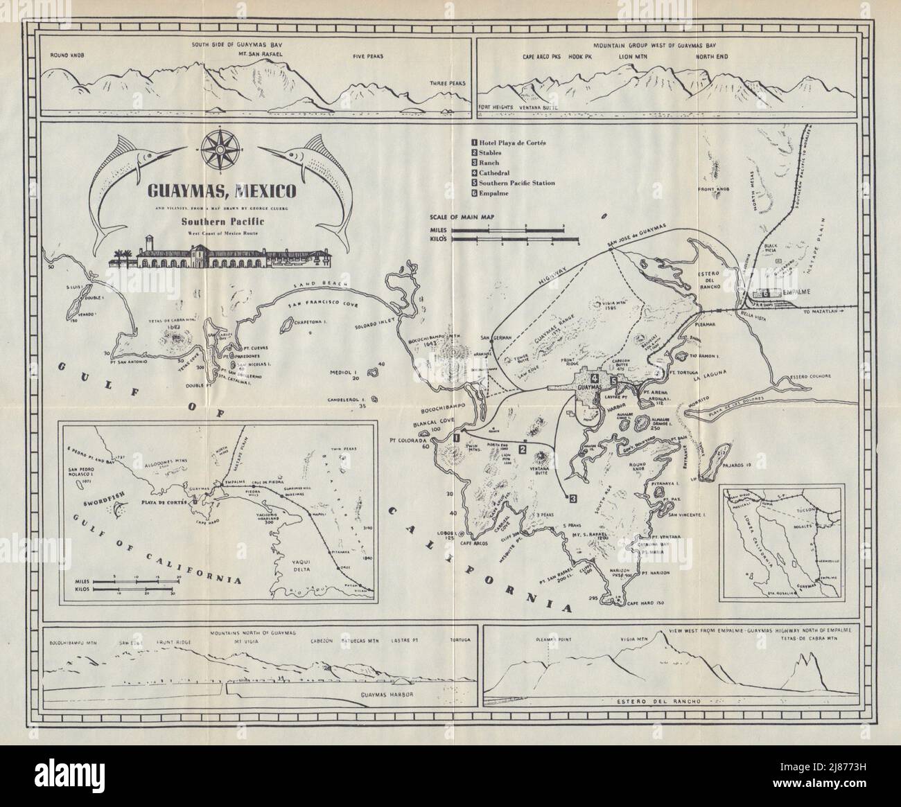 Plano de GUAYMAS, Mexico. Coastal profiles. Swordfish sport fishing 1938 map Stock Photo