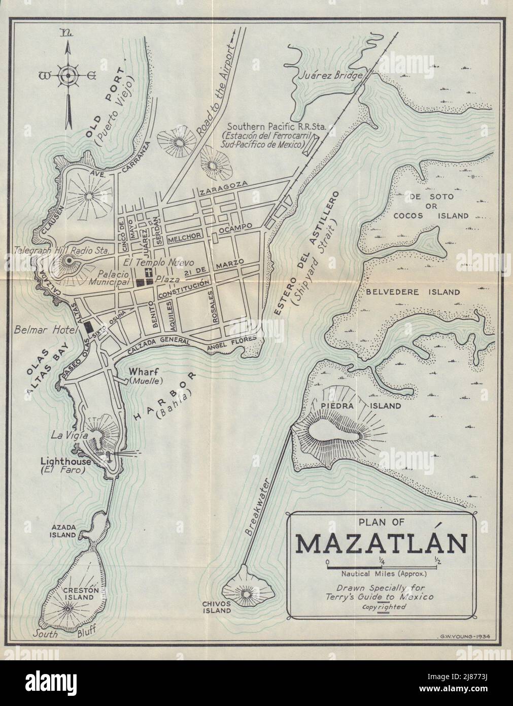 Plan of MAZATLAN, Mexico. Mapa de la ciudad. City/town plan 1938 old Stock Photo