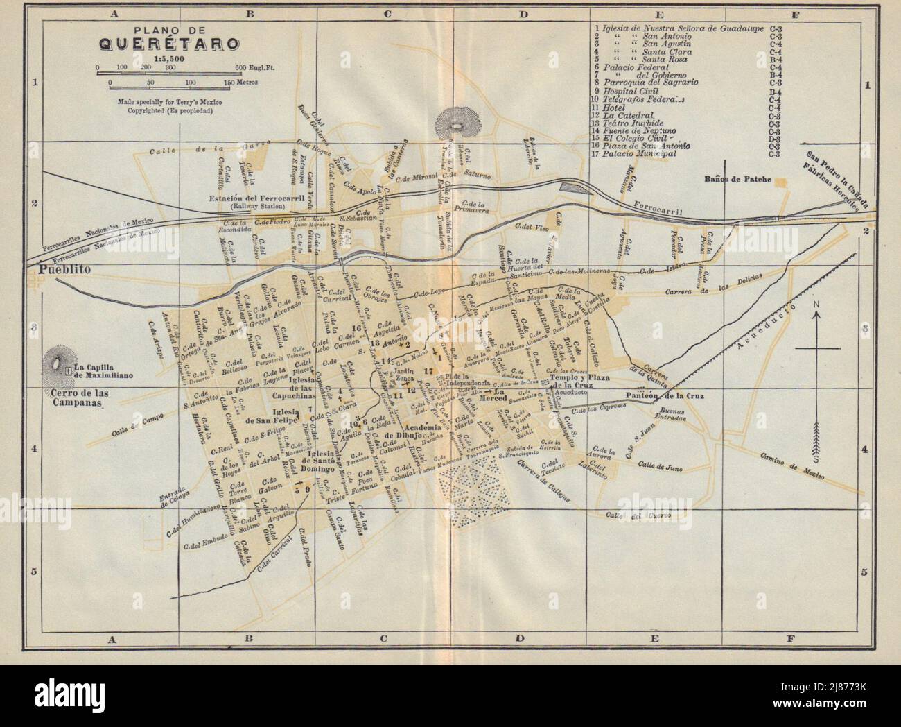 Plano de SANTIAGO DE QUERETARO, Mexico. Mapa de la ciudad. City/town plan 1938 Stock Photo
