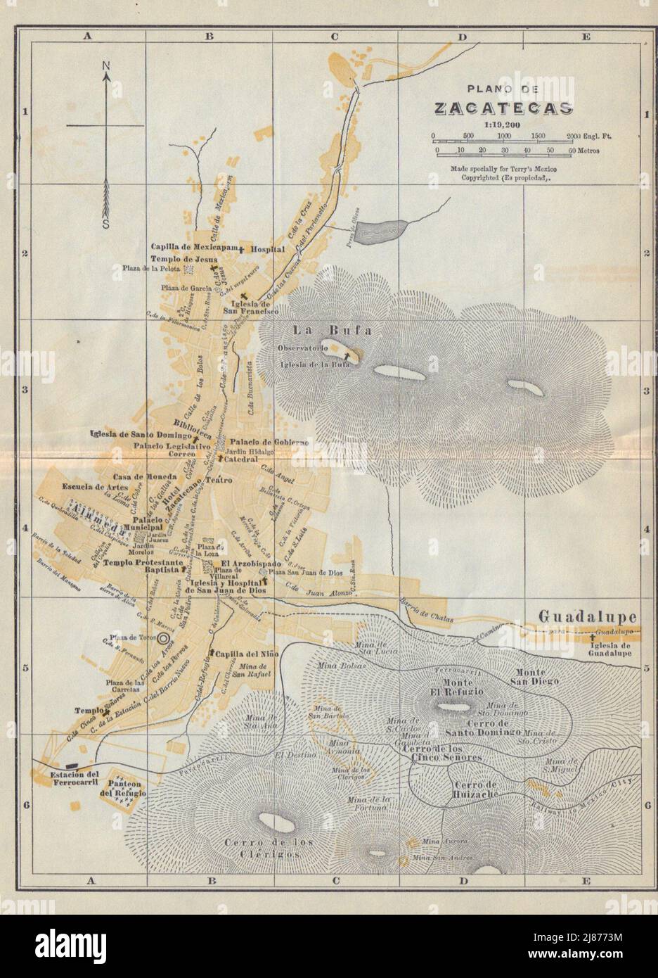 Plano de ZACATECAS, Mexico. Mapa de la ciudad. City/town plan 1938 old Stock Photo