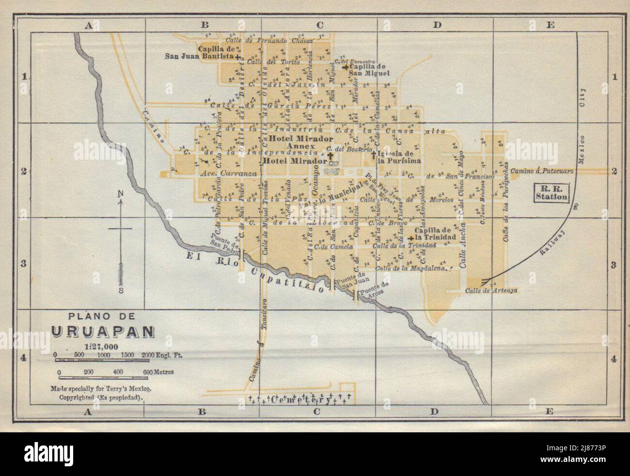 Plano de URUAPAN, Mexico. Mapa de la ciudad. City/town plan 1938 old Stock Photo