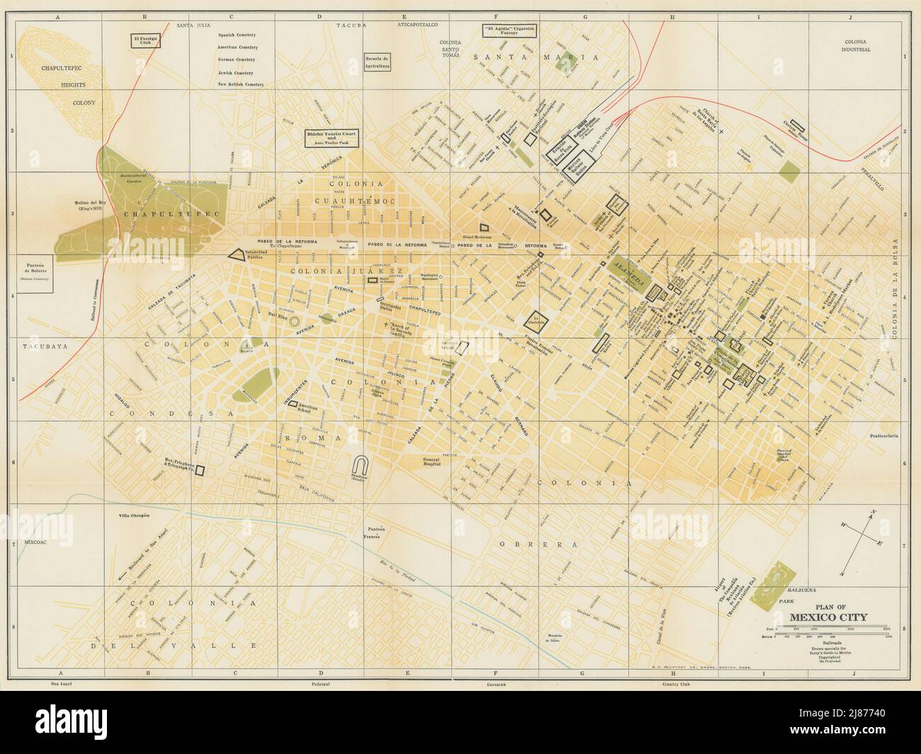 Plano de Ciudad de México. Mapa de la ciudad. City/town plan 1938 old Stock Photo