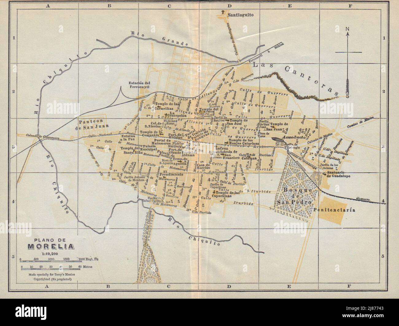 Plano de MORELIA, Mexico. Mapa de la ciudad. City/town plan 1938 old Stock Photo